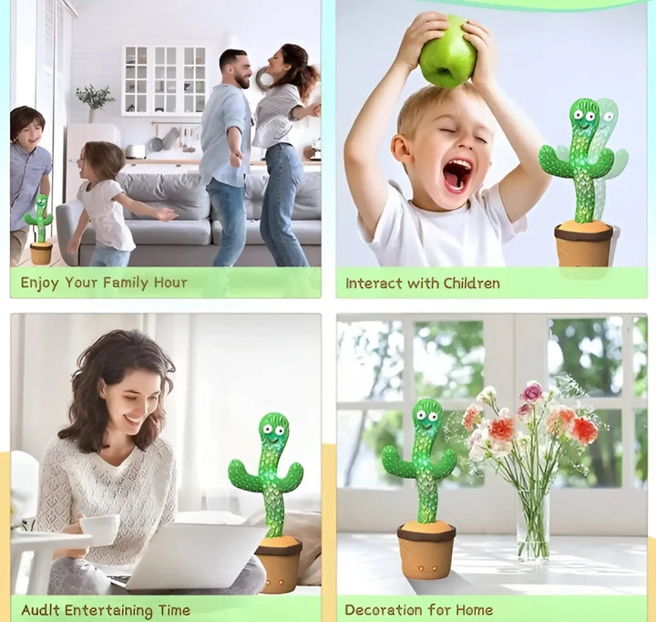 Green cactus plush toy in a brown pot with blinking LED lights