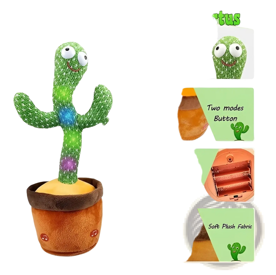 Green cactus plush dancing toy in brown pot, open control base and soft fabric