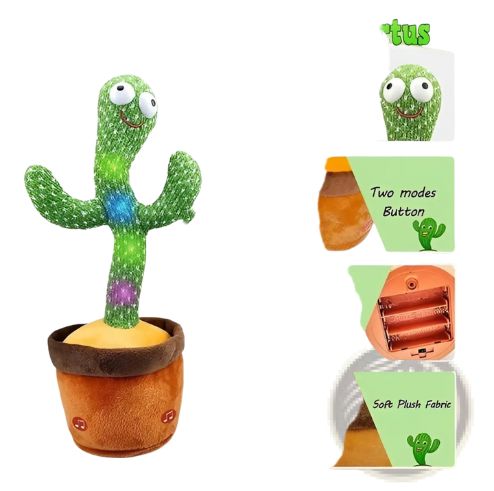 Green cactus plush dancing toy in brown pot, open control base and soft fabric