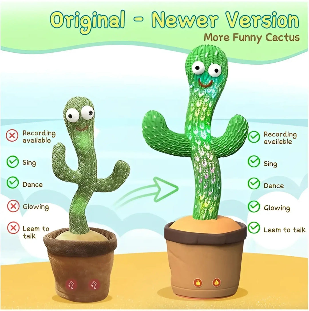Green cactus plush toy with LED glow, standing in a pot with light buttons