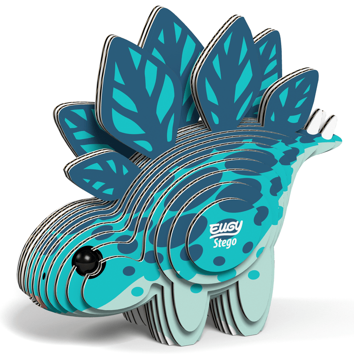 Teal-blue Stego 3D puzzle dinosaur figurine with layered paper fins and stripes