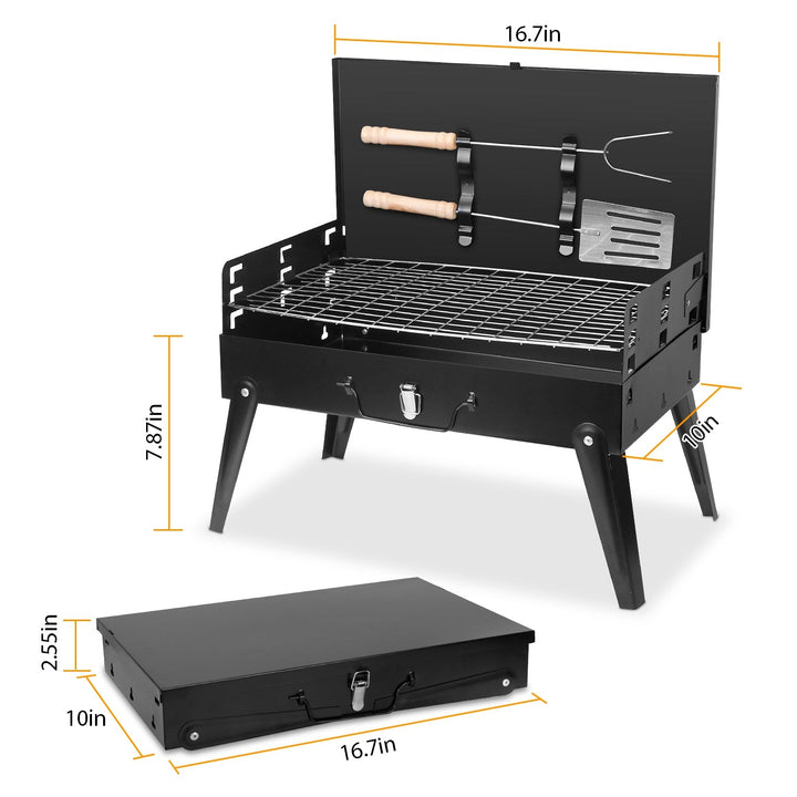 Compact black foldable charcoal grill with lid and side shelf, front and side views