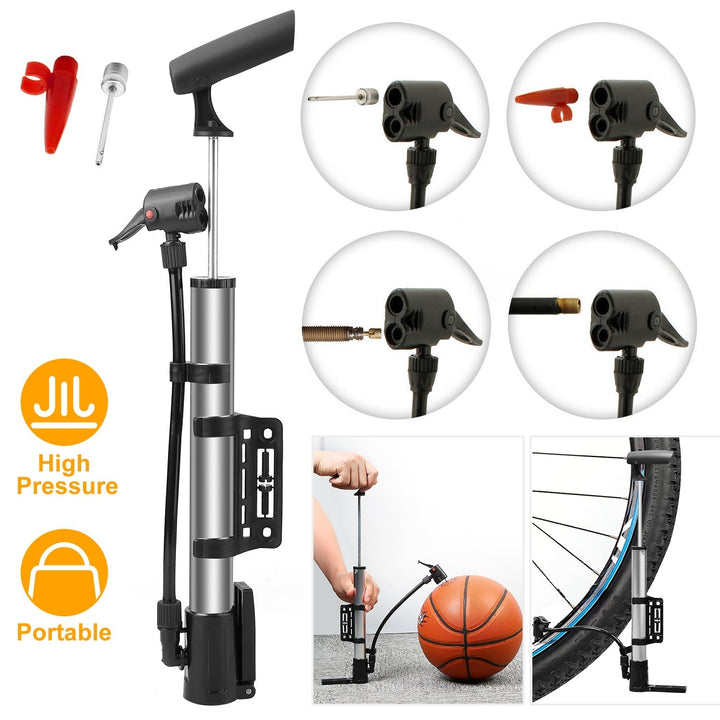 Portable mini air pump with mounting bracket and multi-use nozzle attachments