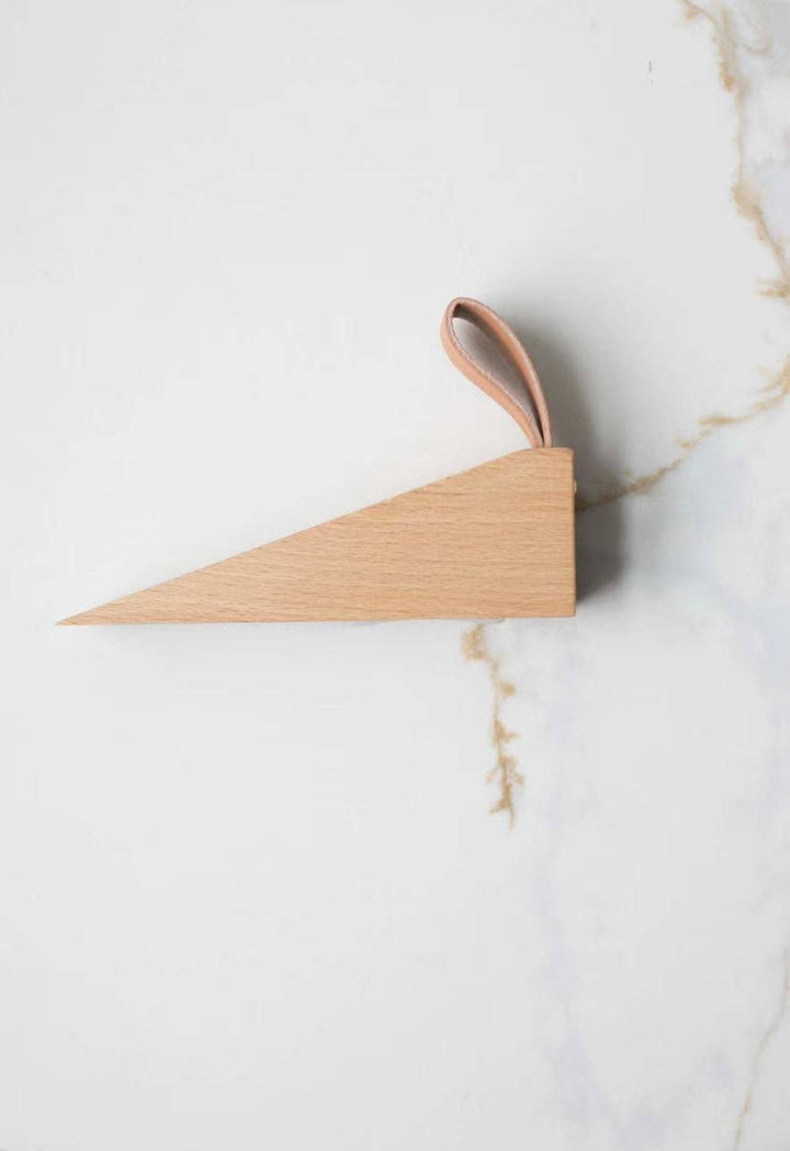 Wooden door stopper wedge with loop strap, tan wood