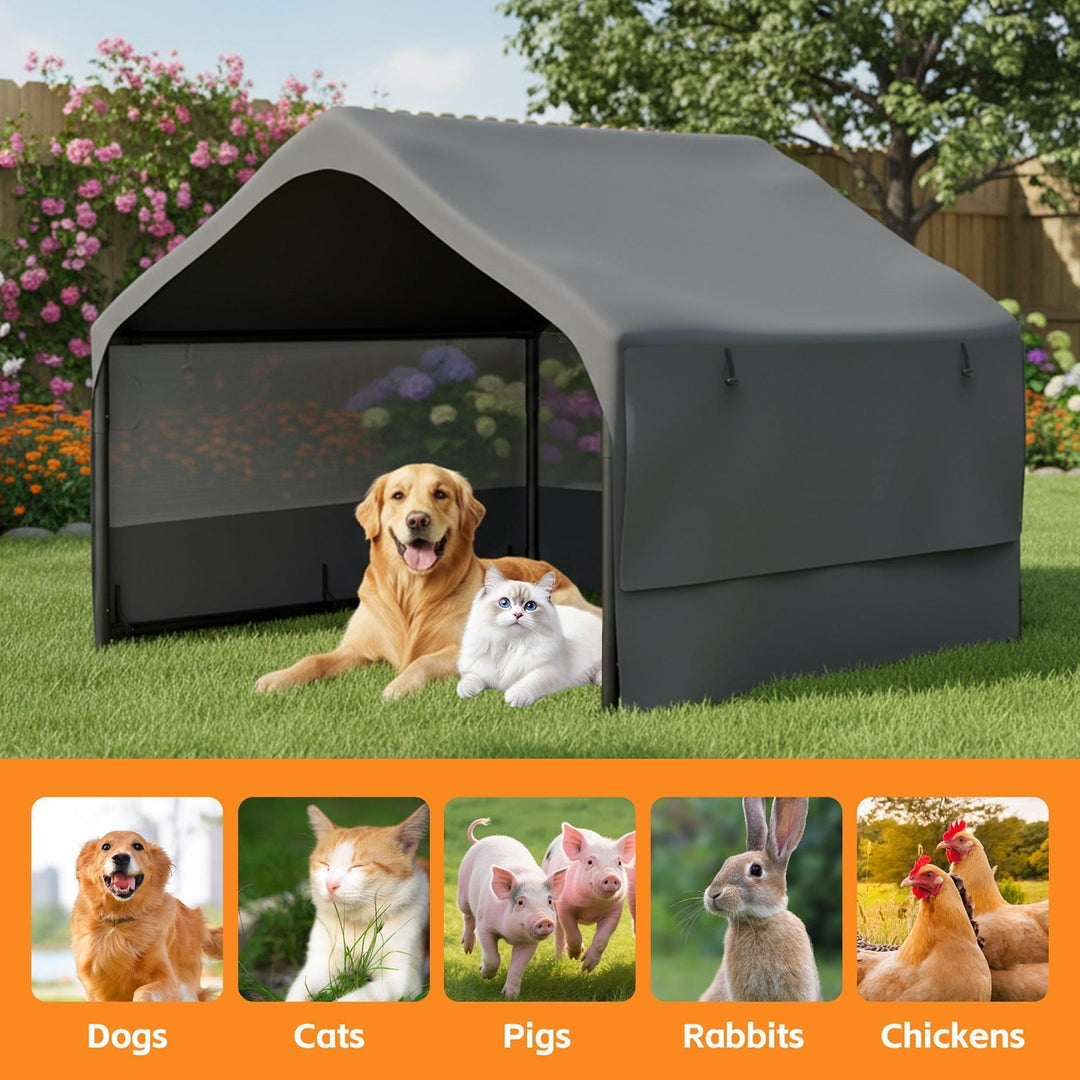 Gray dog house tent with dark mesh doorway and side panels under canopy roof