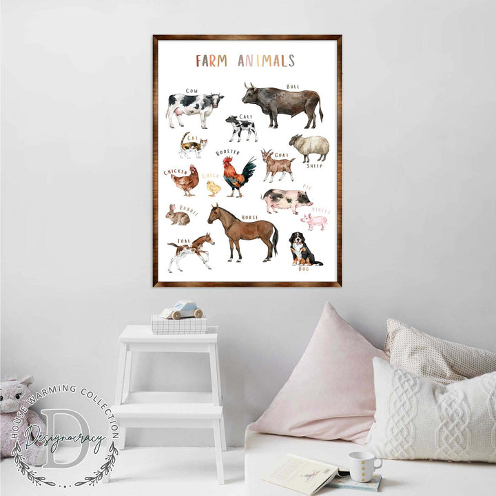 Framed farm animals wooden poster showing cow, bull, rooster, pig, horse, and dog illustrations