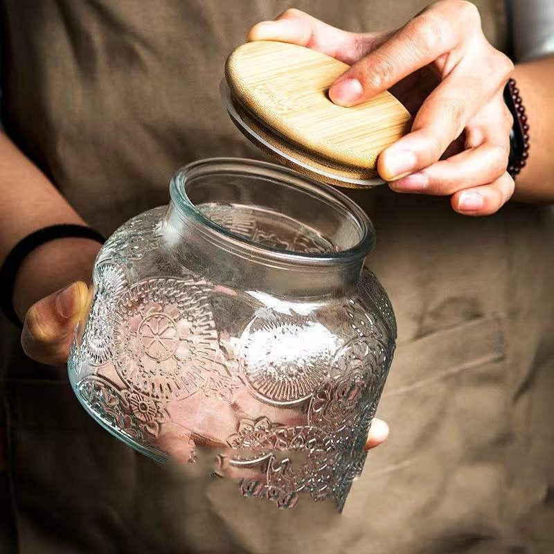 Etched Glass Storage Jar with Bamboo or Acacia Lid