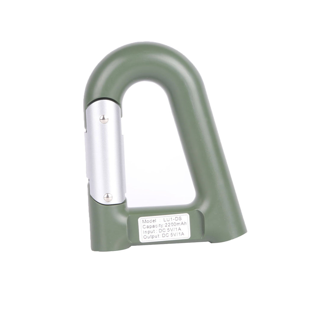 Green carabiner-shaped power bank with silver flashlight body and side label