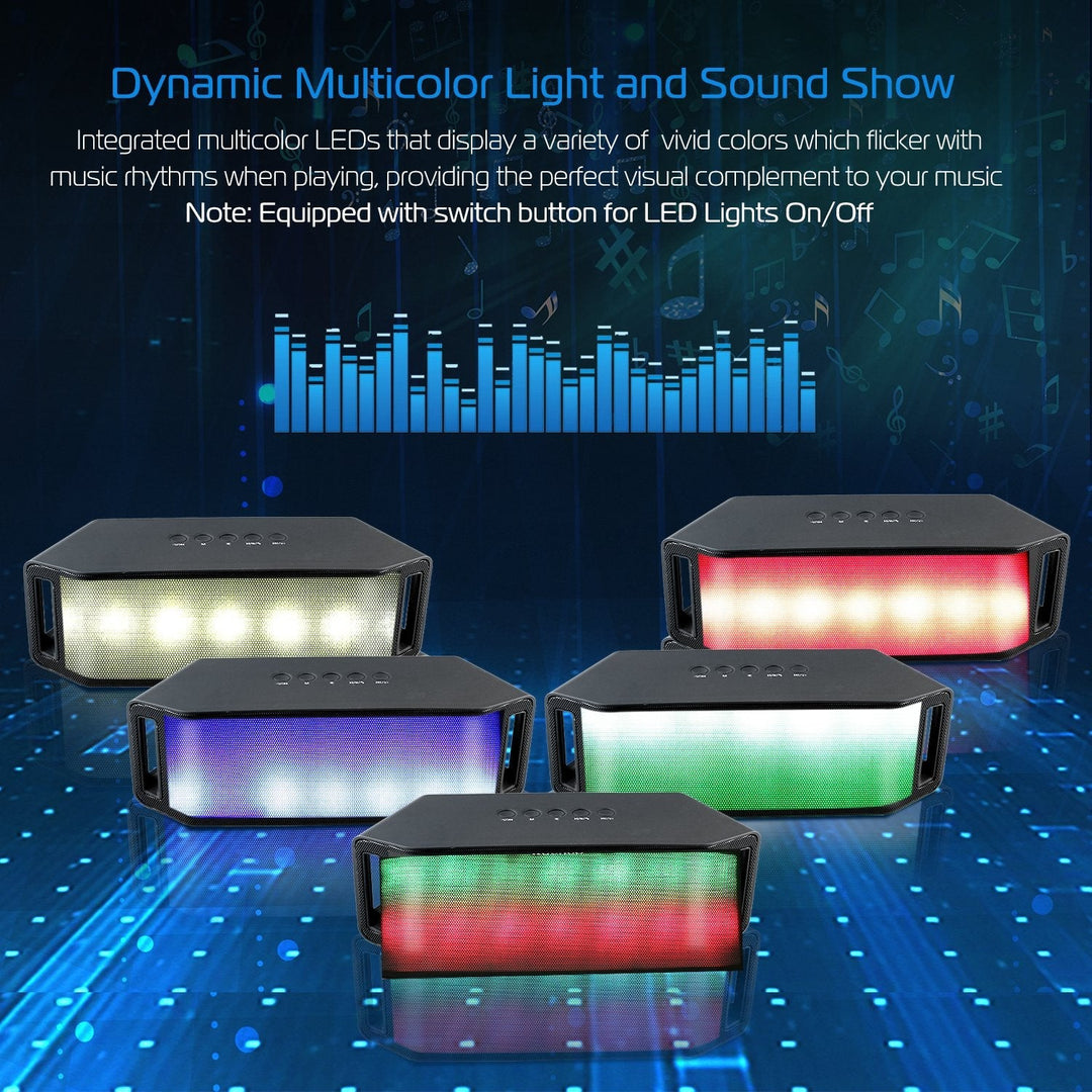 Multiple angles of a black wireless speaker with dynamic multicolor LED lighting