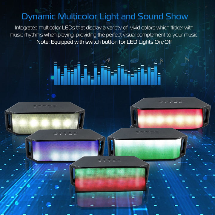 Multiple angles of a black wireless speaker with dynamic multicolor LED lighting