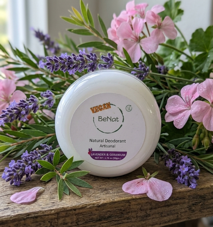 Vegan natural deodorant cream jar with BeNat label, Lavender & Geranium scent