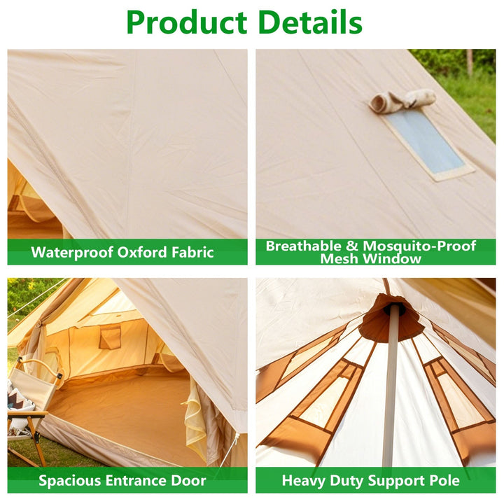 Bell tent with waterproof Oxford fabric, mesh window, entrance door, and support poles