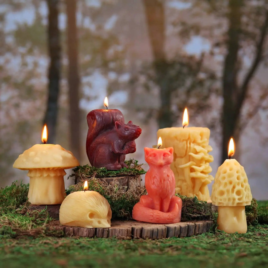 Hedgehog beeswax candle with lit wick on moss-covered stump, with other candles