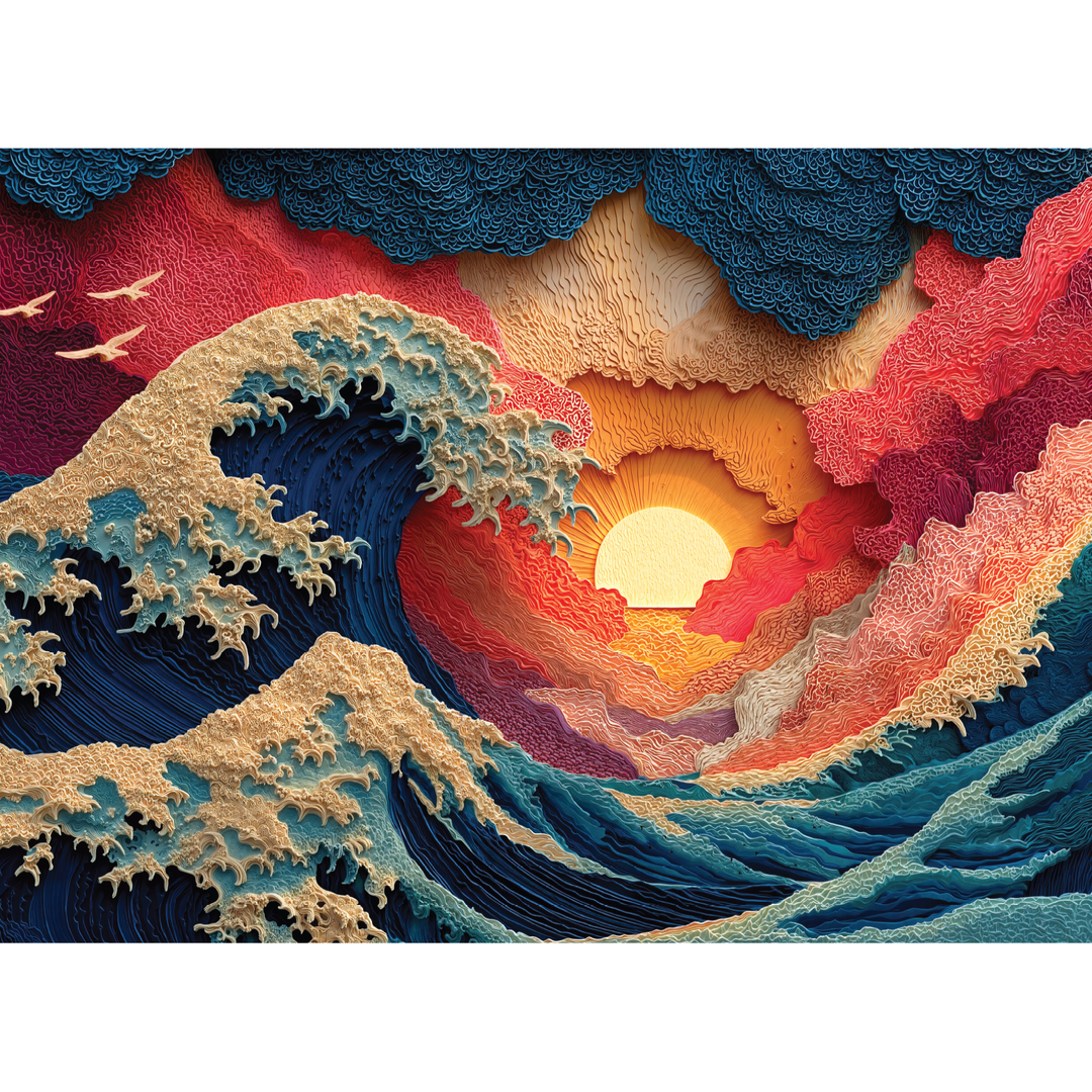 Close-up of assembled jigsaw puzzle showing ocean waves and a bright sun