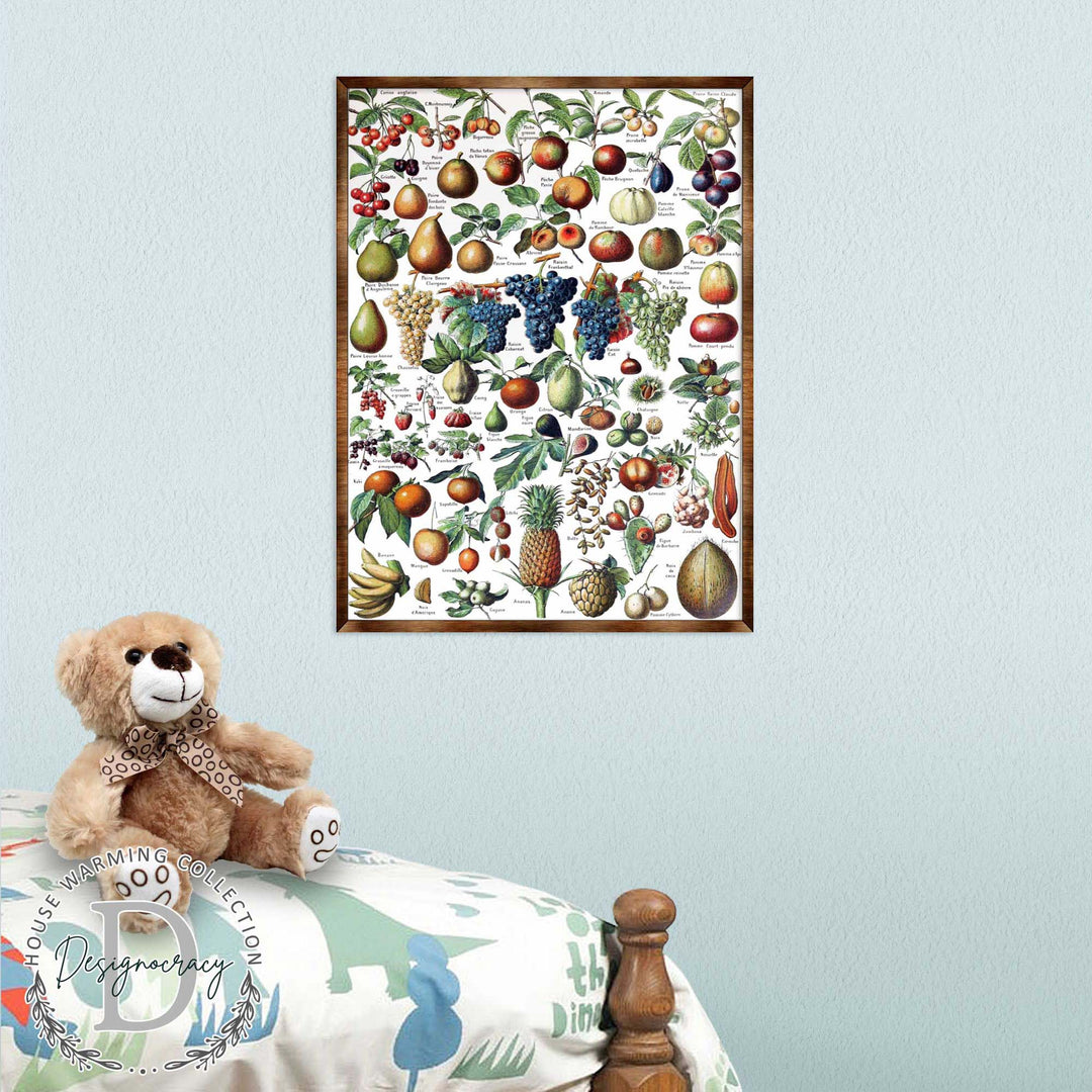 Wood-framed fruit educational poster with dense fruit and leaf collage, wall-mounted