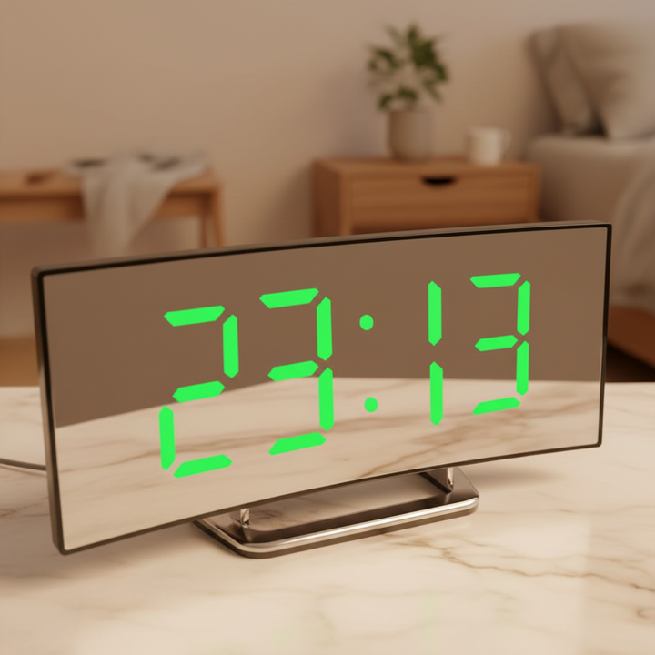 Digital LED alarm clock with green time display on a tabletop stand