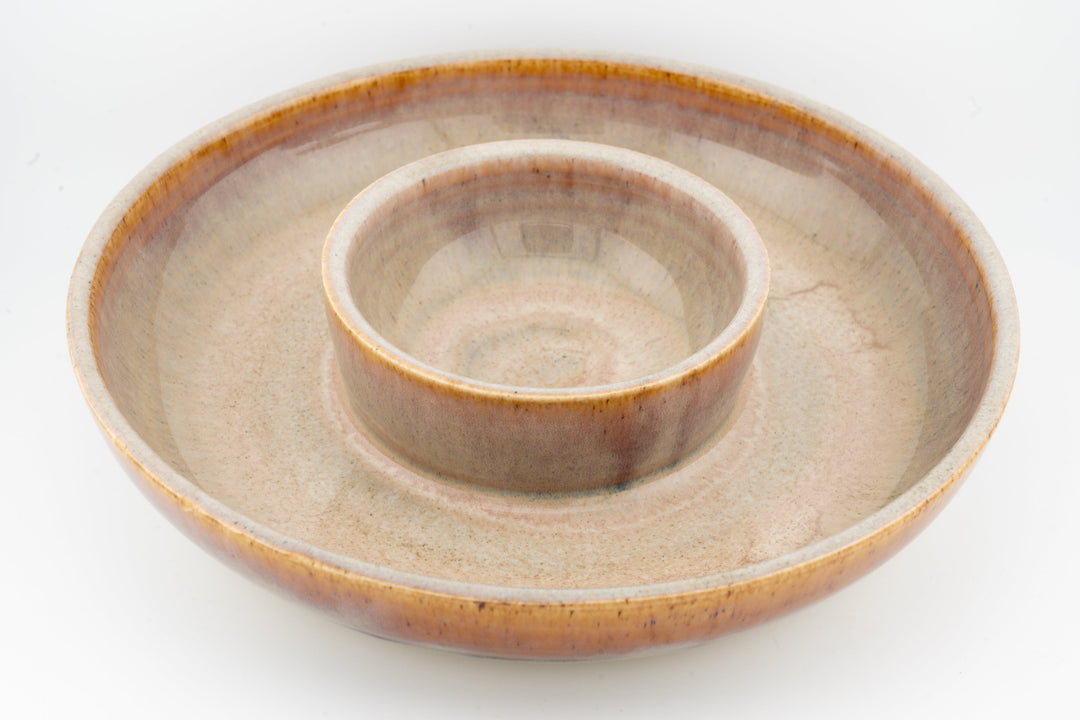 Ceramic dip platter with central bowl, beige stoneware with warm brown edge glaze