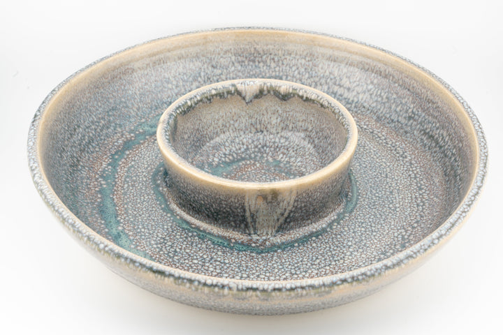 Ceramic dip platter with central bowl, speckled gray-blue glaze with textured rim