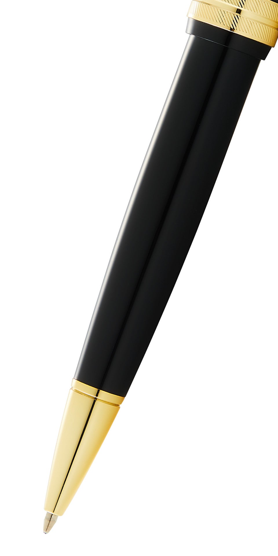 Polished black resin ballpoint pen with gold tone tip and grip band