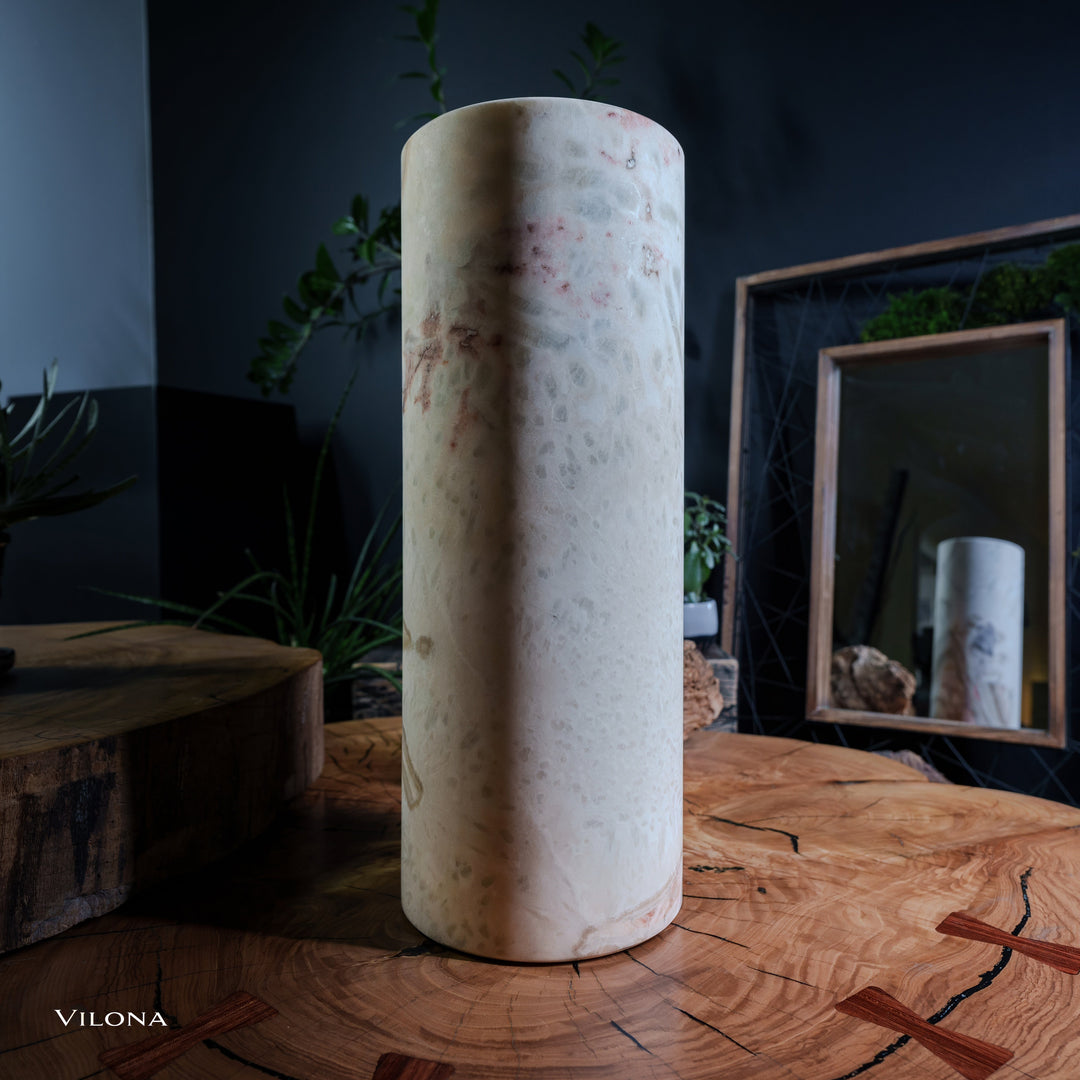 Onyx table lamp cylindrical shade, unlit frosted white with subtle speckling