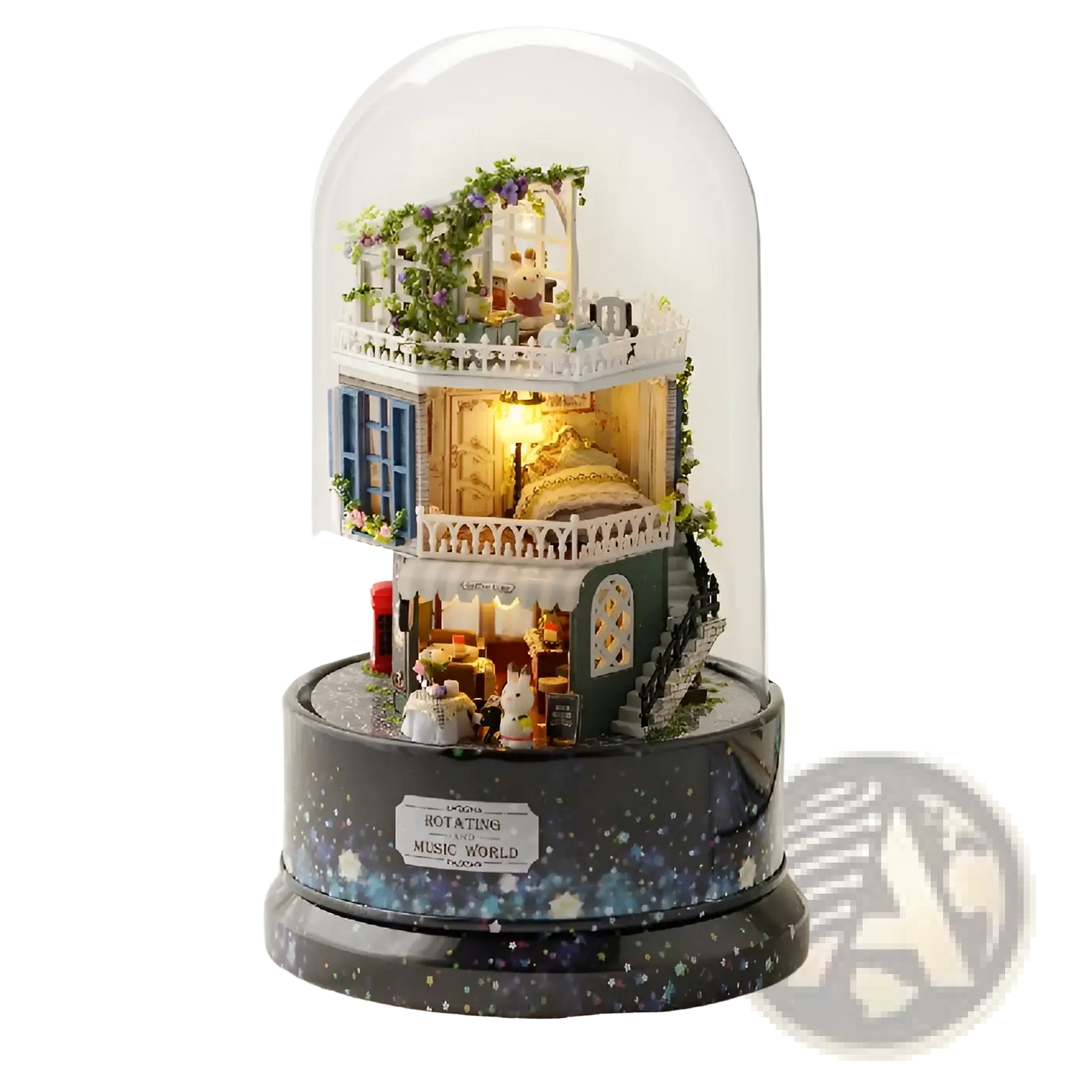 Rotating music box house with clear glass dome, warm-lit mini interior and tree garden