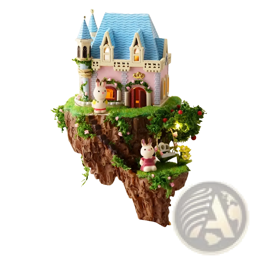 Rotating music box house shaped like a tree with blue roof, rabbits, and garden lights