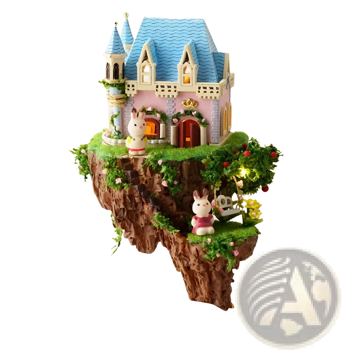 Rotating music box house shaped like a tree with blue roof, rabbits, and garden lights