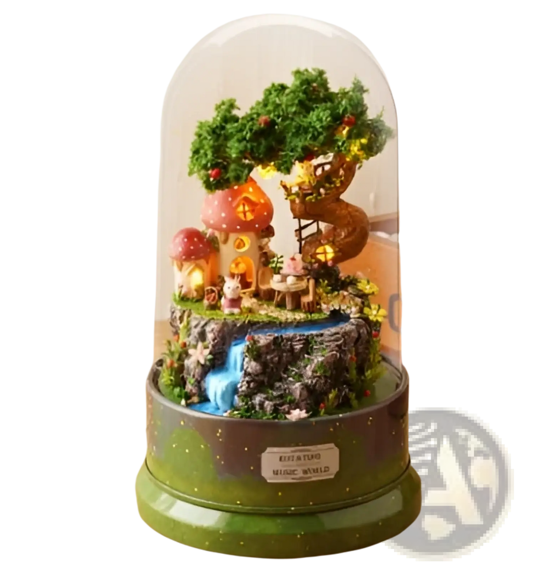 Rotating music box house with clear glass dome, small waterfall scene and warm glow