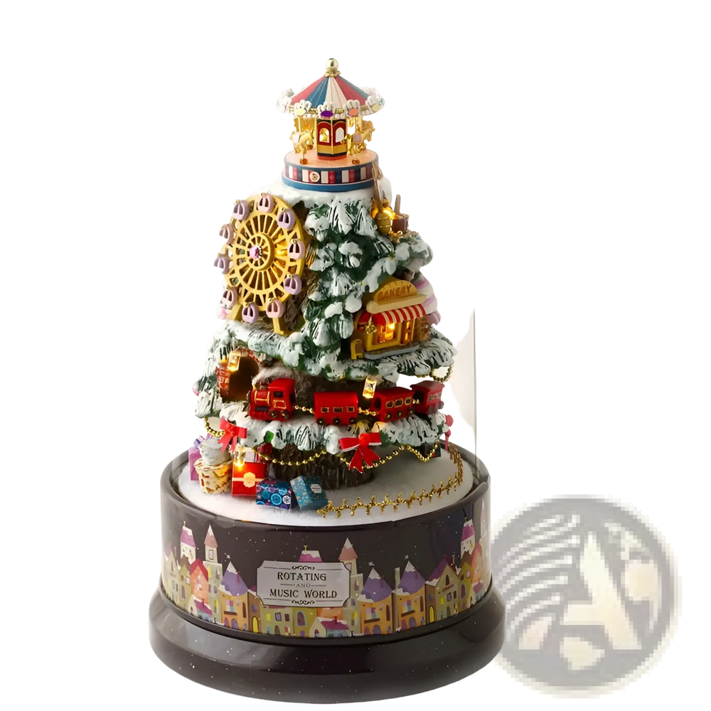 Rotating music box house with clear dome, decorated Christmas tree and warm lights
