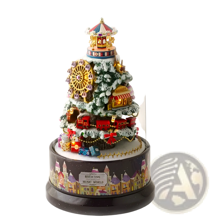 Rotating music box house with clear dome, decorated Christmas tree and warm lights