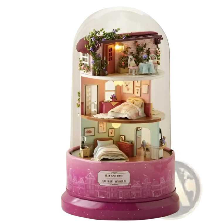 Rotating music box house with clear dome, lit two-story cottage and pink rotating base