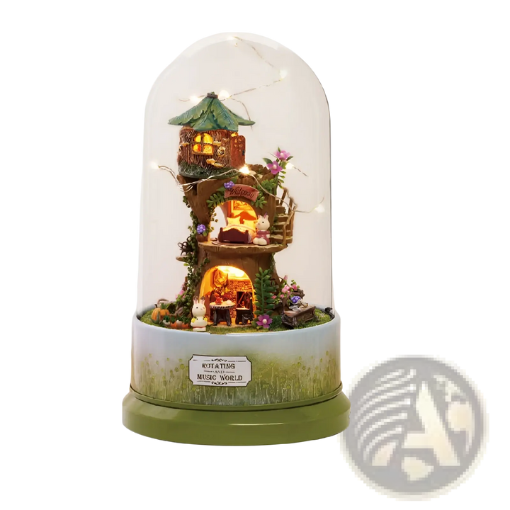 Rotating music box house with clear dome, warm-lit tree house and purple flower accents