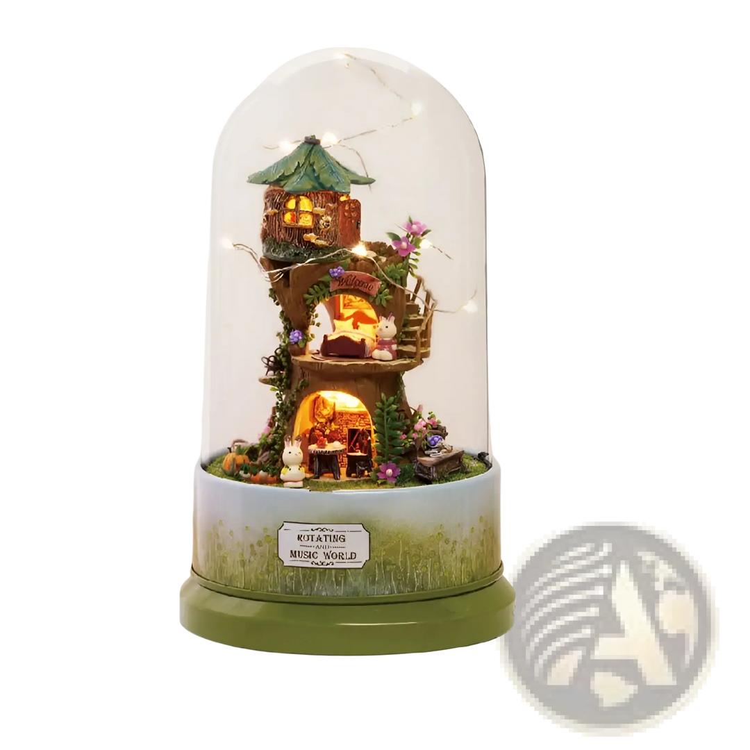 Rotating music box house with clear glass dome, lit tree cabin and flower details
