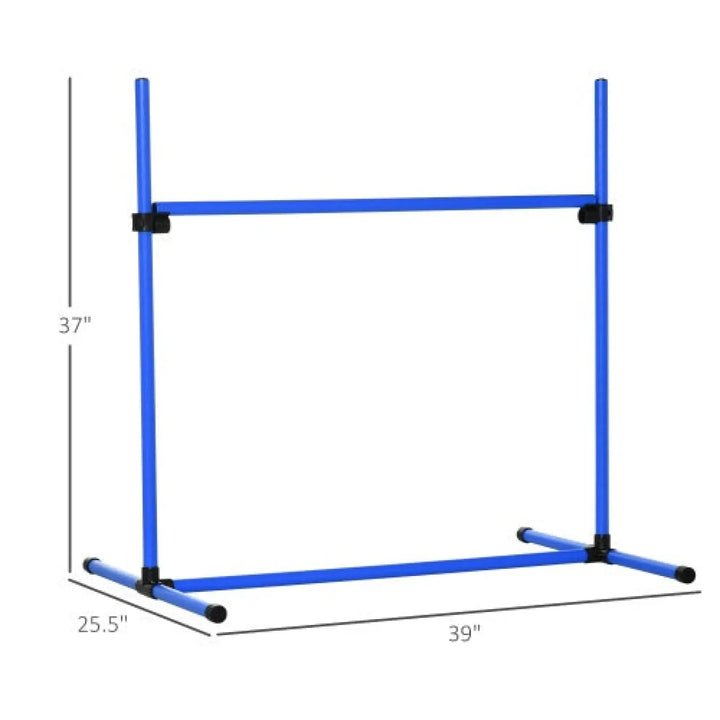 Blue adjustable dog agility hurdle with base feet and height measurement