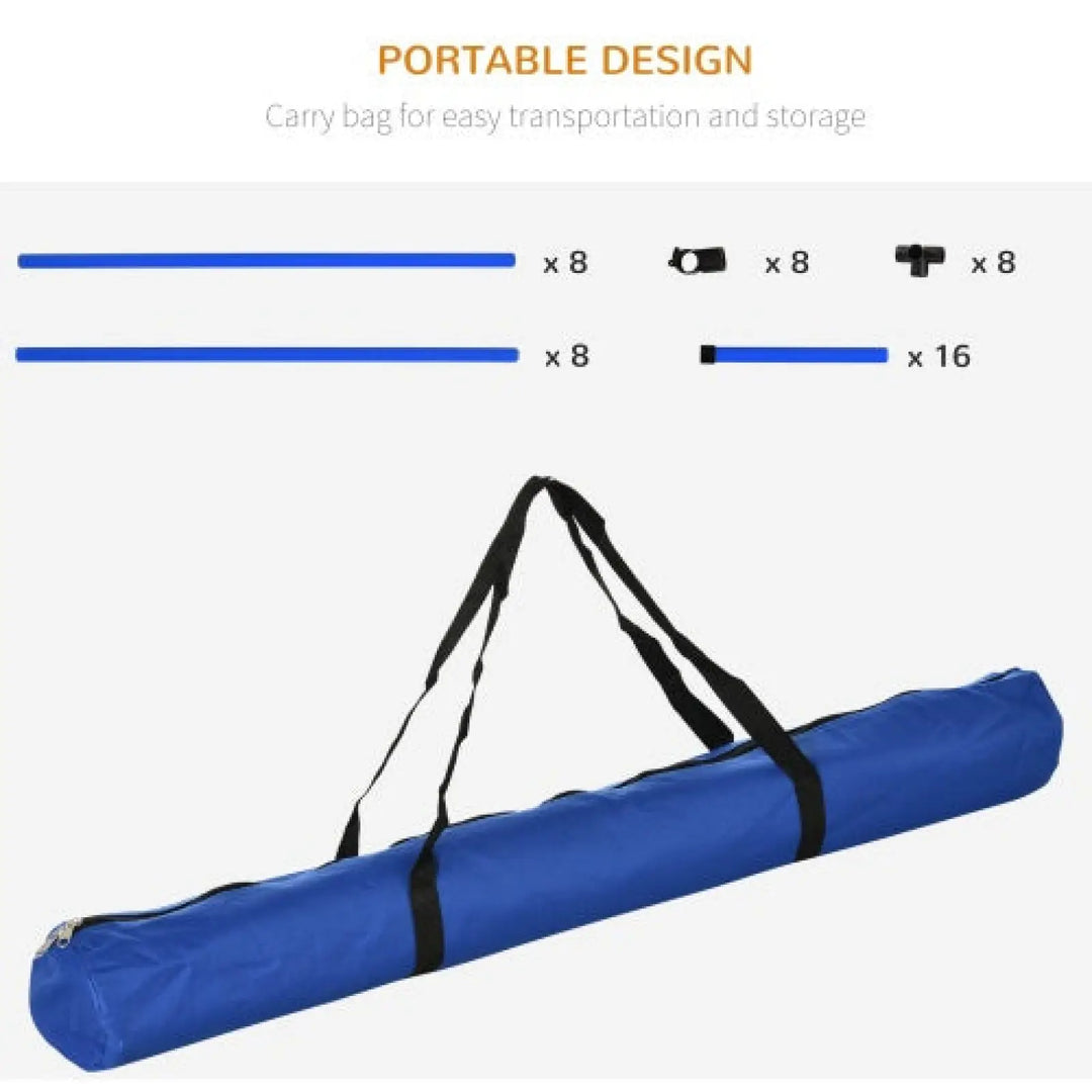 Blue padded carry bag with black hardware and blue jump bar pieces