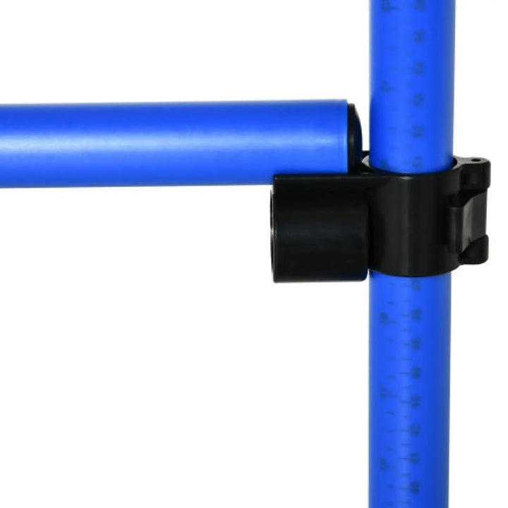 Black connector clamp attaching to a blue agility jump bar