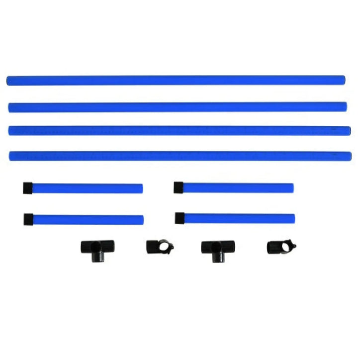 Blue jump bars and black connector pieces for assembling agility hurdles