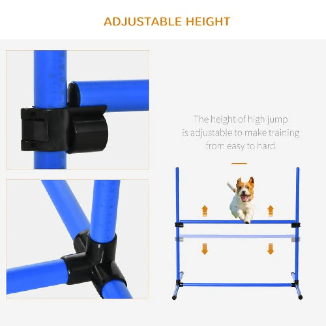 Blue dog agility jump hurdle with black height-adjustment brackets