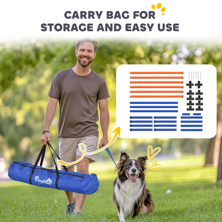 Dog agility poles with blue carry bag for storage and easy transport