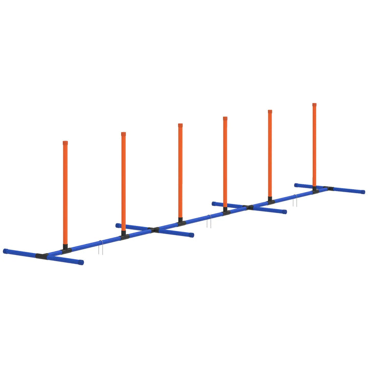Adjustable dog agility poles with orange vertical posts and blue crossbars