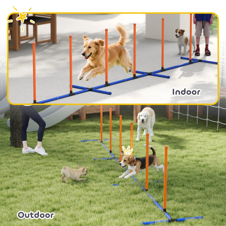 Outdoor dog agility pole obstacle set with orange posts and blue crossbars