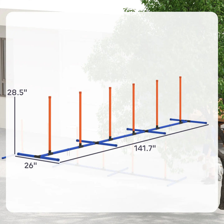 Adjustable agility pole track with orange uprights and blue bars, 141.7 in