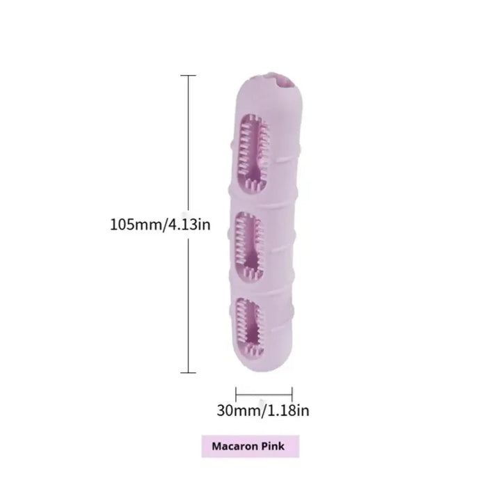 Macaron pink sausage chew brush toy with textured bristle channels