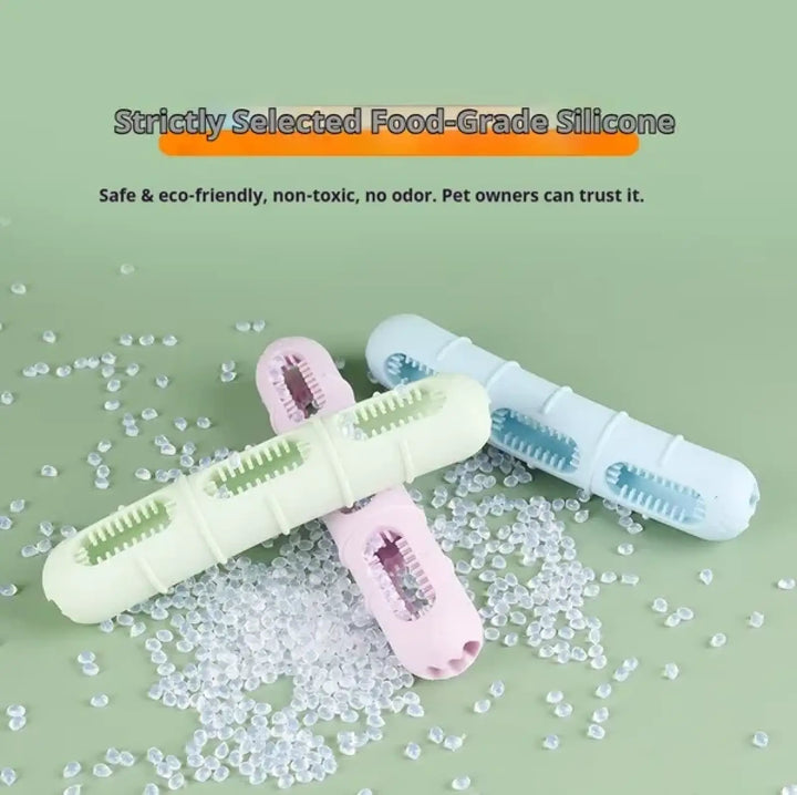 Food-grade silicone sausage chew brush toy set with mint, white, and pink bristles
