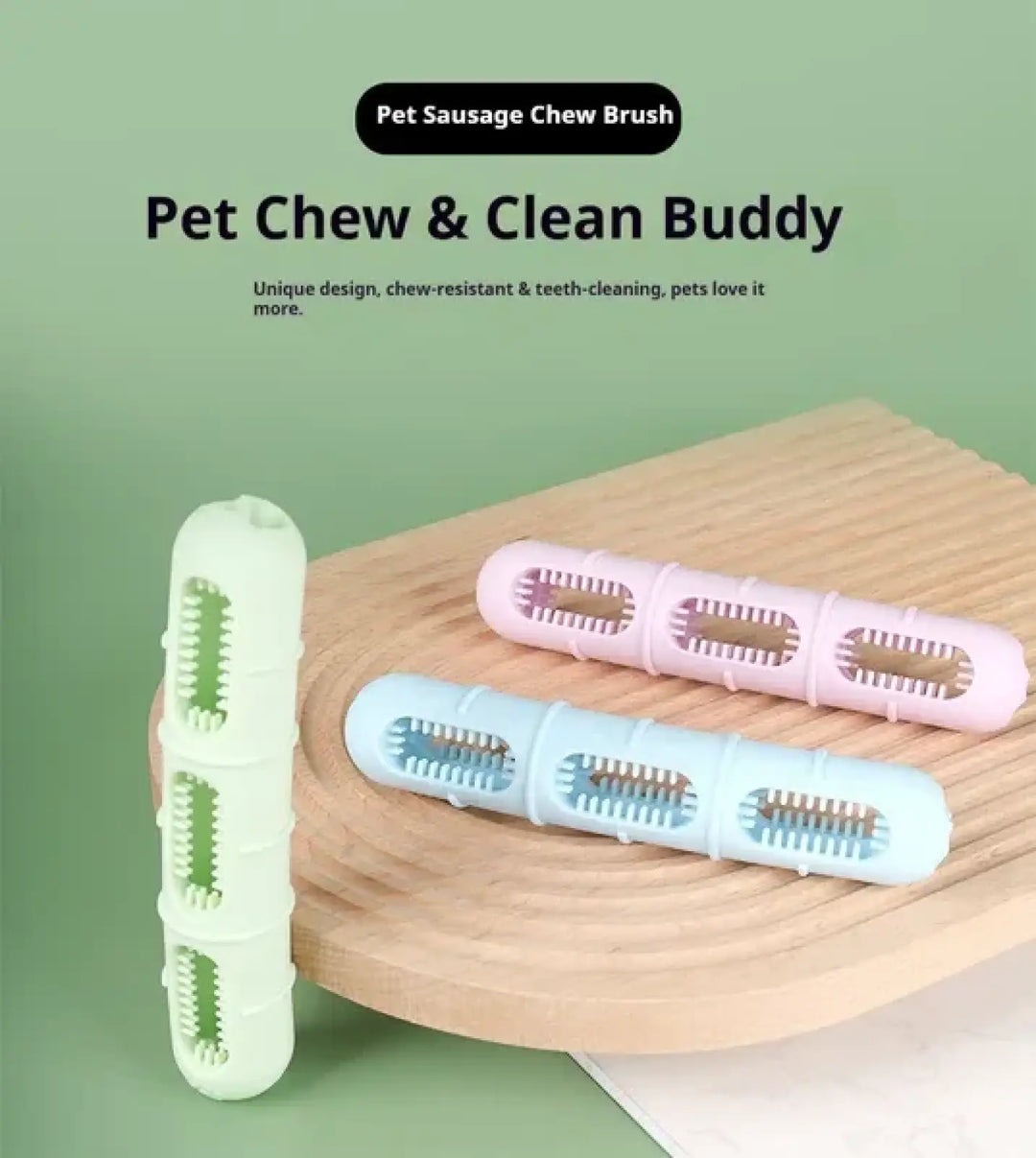 Pet sausage chew brush toy with blue and pink textured bristle grooves