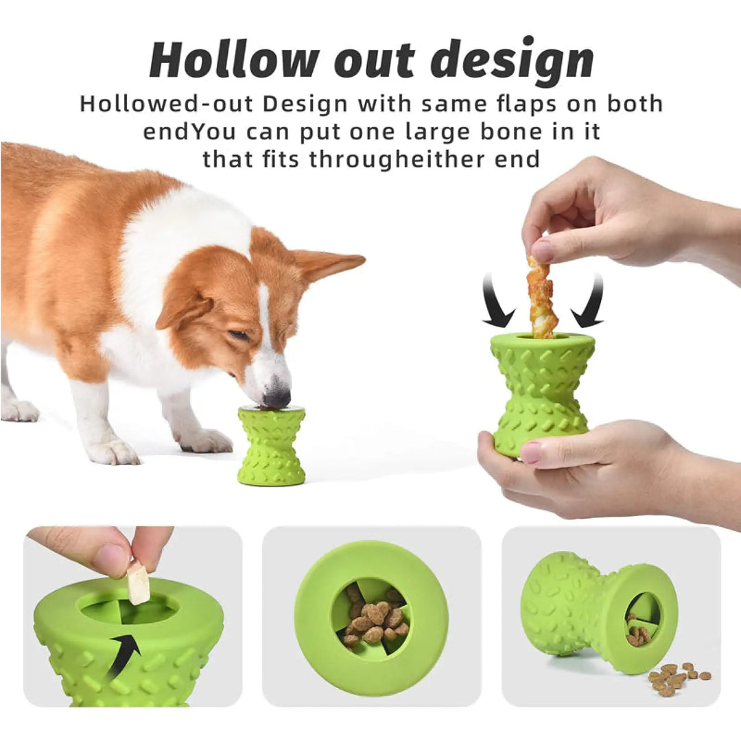 Green hollow rubber chew toy with flap-like openings on both ends; dog chewing