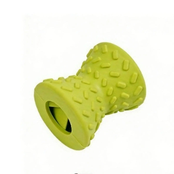 Green rubber hollow chew toy with textured grip and ridged surface
