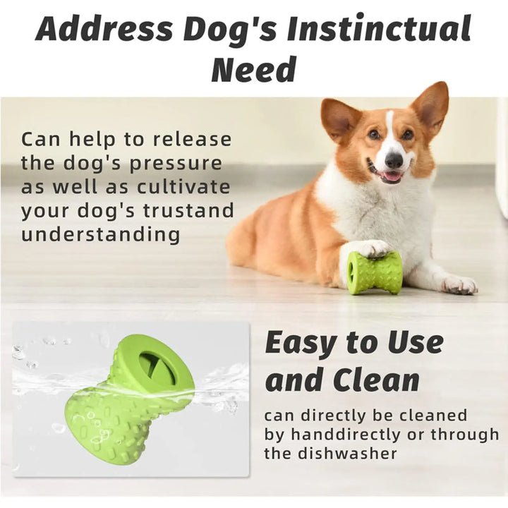 Green rubber hollow chew toy with ridges; dog lying beside the toy