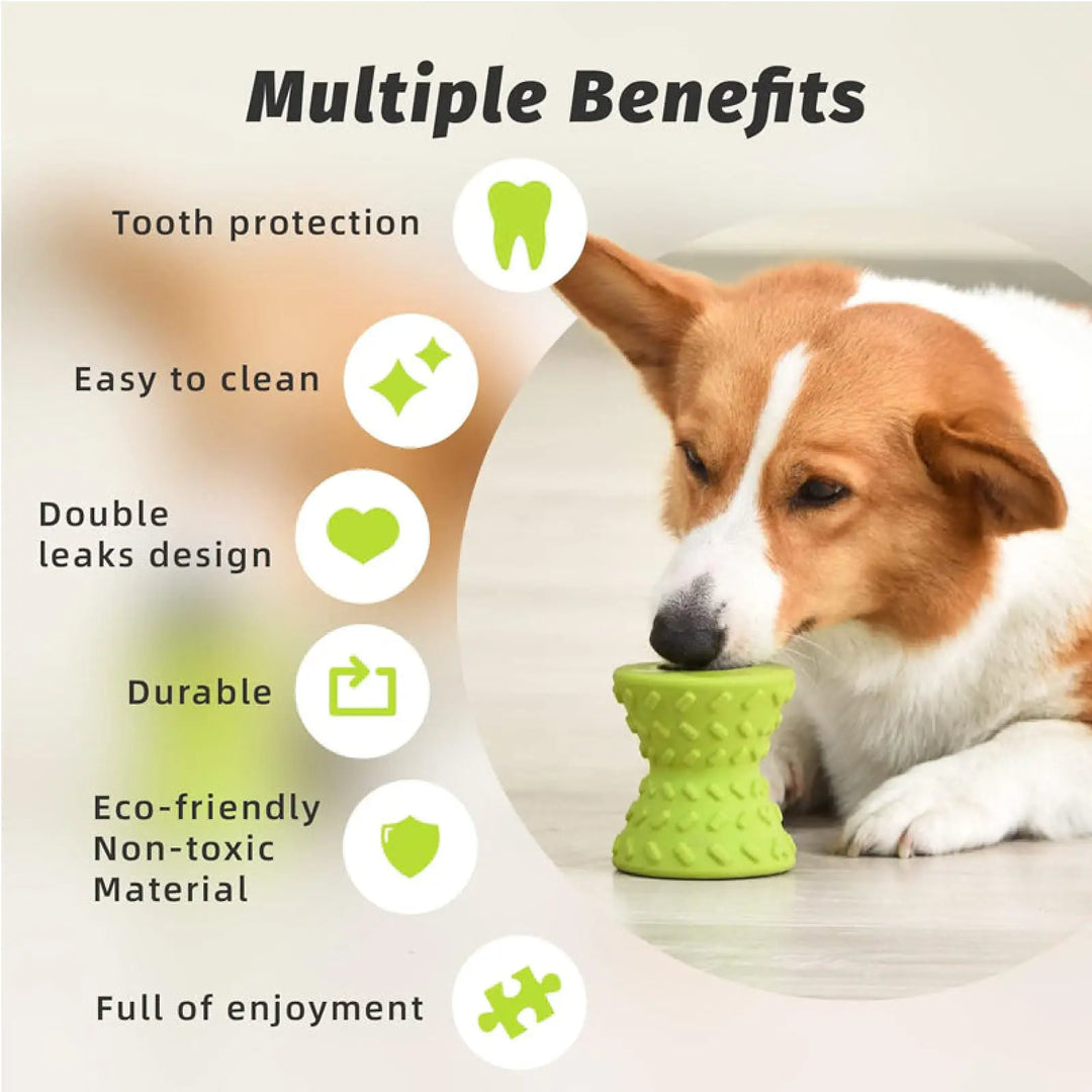 Green textured rubber chew toy; dog resting with the toy in front