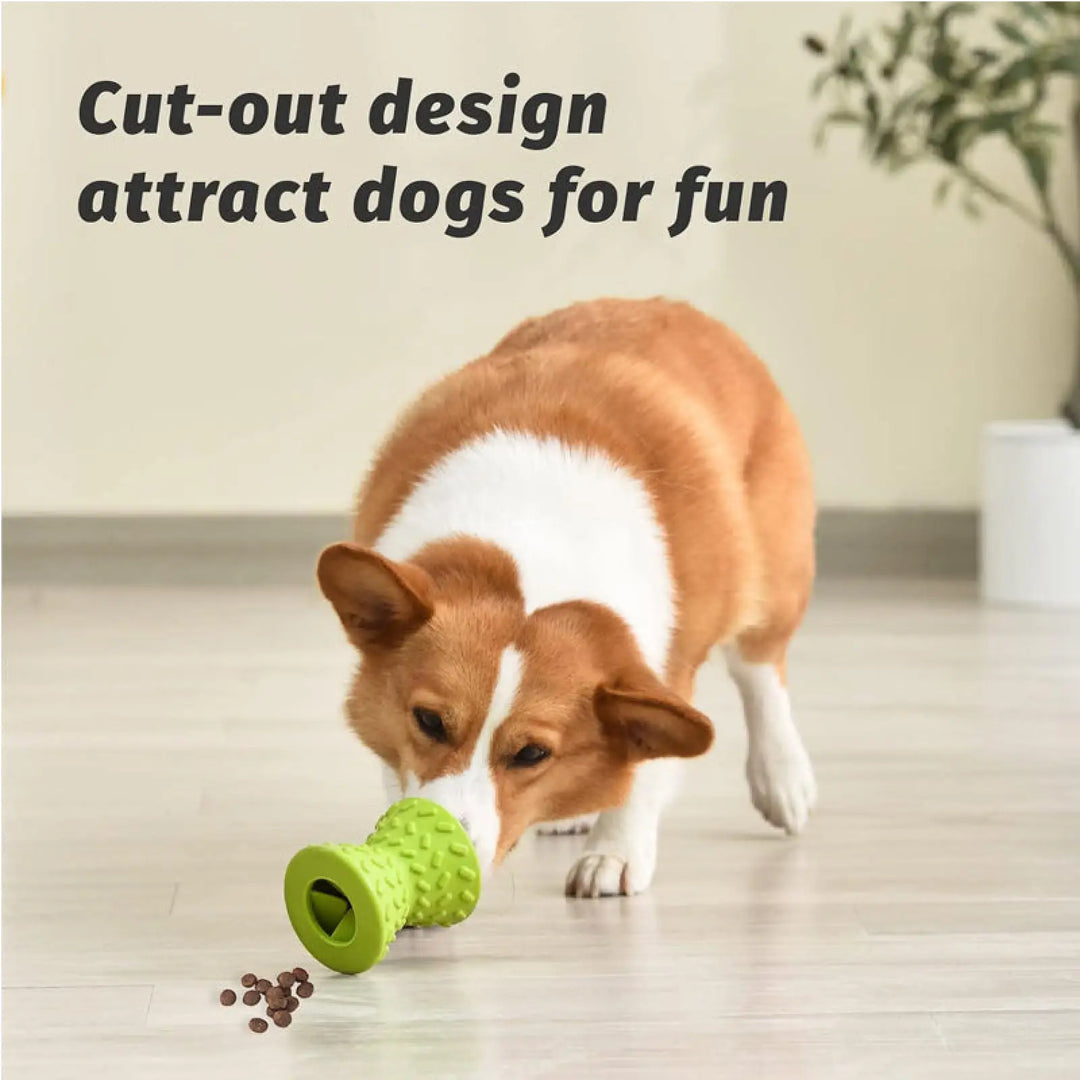 Green textured rubber dog chew toy with hollow end; small dog sniffing